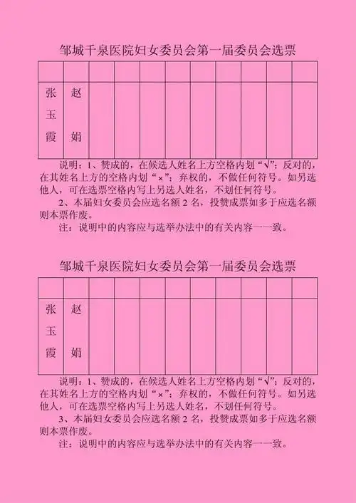 邹城千泉医院妇女委员会第一届委员会选票