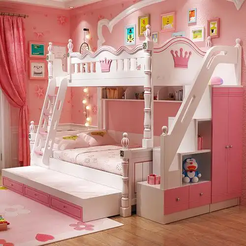 儿童床女孩公主上下床滑滑梯两层高低床上下铺木床双层床子母实木