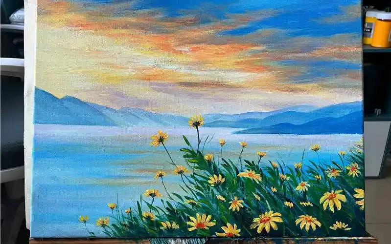 风景丙烯画|春天里的晚霞