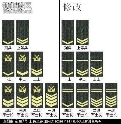 现我国士官军衔分3等7级,分别是下士,中士,上士,四级军士长,三级军士