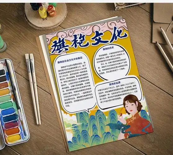 国潮风竖版旗袍文化手抄报