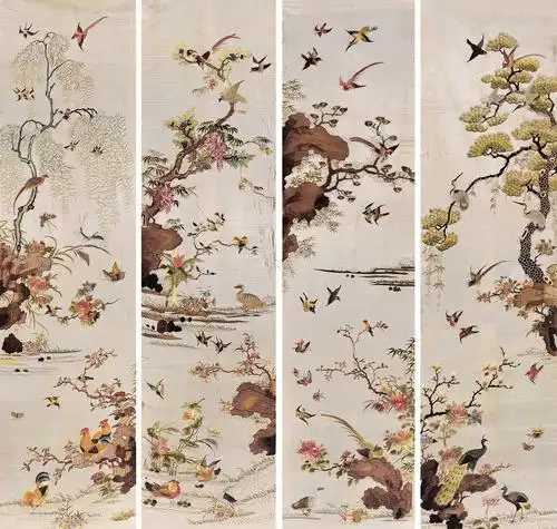 3462民国粤绣花鸟图四条屏