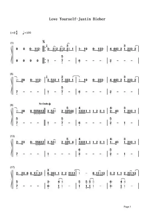 love yourself简谱  justin bieber  说分手也得好好爱自己1