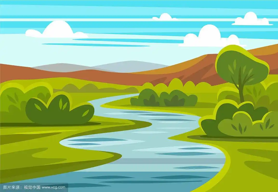 卡通景观与山脉,河流和树木