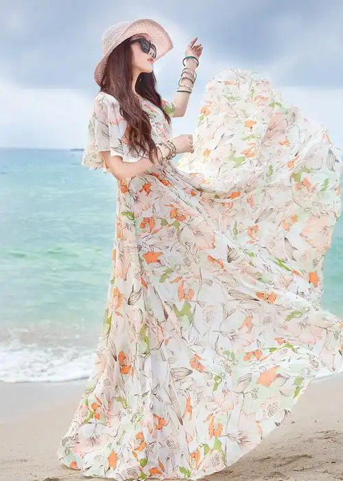 裙语阁2014夏季新款波西米亚长裙大摆飘逸拖地碎花连衣裙qcl752.