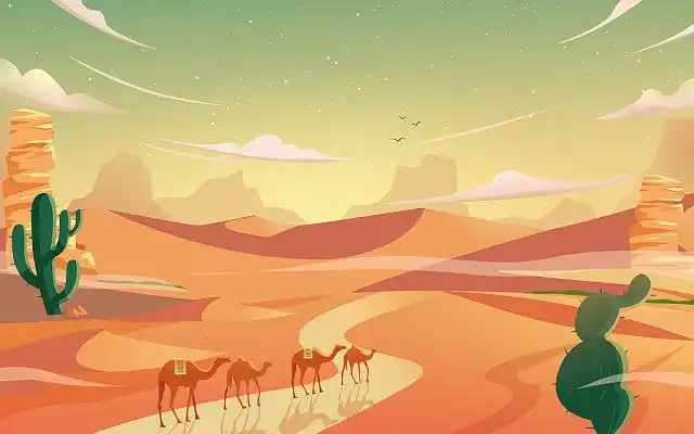 沙漠里的商队骆驼和仙人掌插画扁平沙漠插画