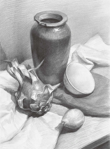 水果罐子静物组合素描