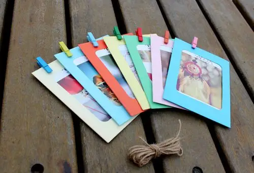 厂家直销6寸七彩卡纸相框 创意组合纸质照片墙 送麻绳夹子10张入