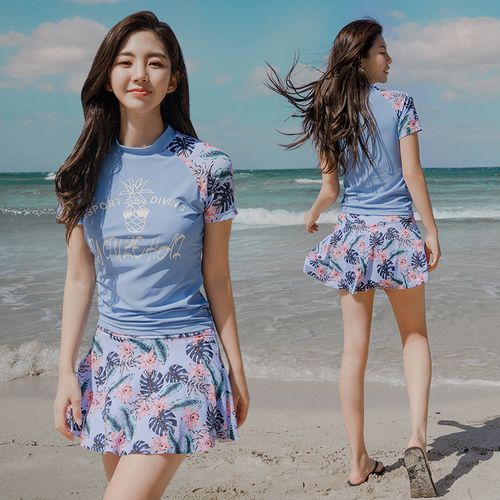 2021新款分体平角游泳衣女裙式遮肚显瘦网红温泉大码学生泳装