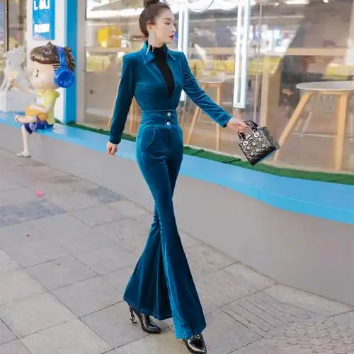 时尚高端套装2021新款秋冬丝绒修身显瘦喇叭裤两件套职业女装长裤