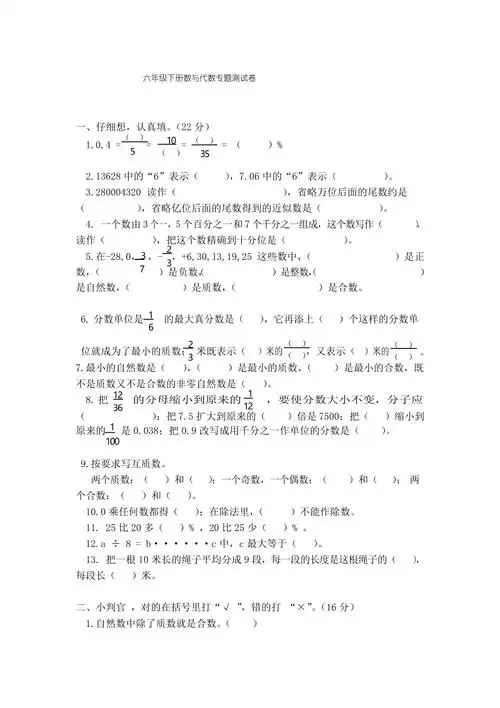 人教版数学六年级下册数与代数测试卷含答案