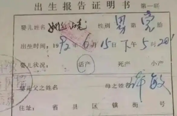 在92年的出生证明上还写着姚峣的名字,母亲的名字也写着许敏,父亲一栏