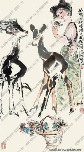 程十发国画作品饲鹿图2高清下载