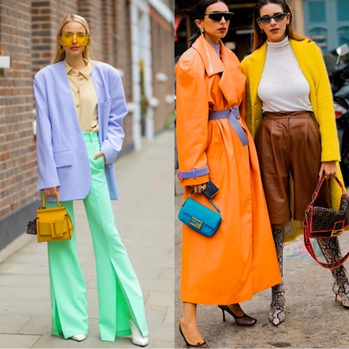 撞色穿搭当然少不了互补色类型,紫和黄是互补色,橙和蓝是互补色.