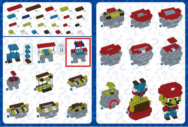 q1:求乐高超级玛丽的拼图步骤1,拼马里奥总共需要24种型号的积木.