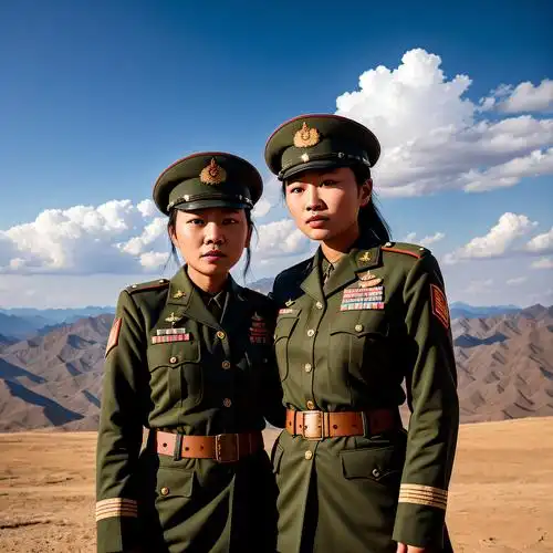 她们身着橄榄绿的军装,头戴有红色标志的军帽,胸前佩戴着各种奖章