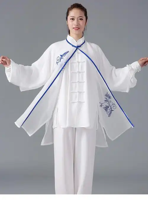 雪纺刺绣披纱太极练功服中国风太极表演服装单件 竹叶 刺绣披纱【图片