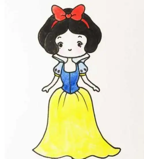 3 步骤三:画出白雪公主的身体部分,穿着一个漂亮的长裙,蓬蓬的泡泡袖