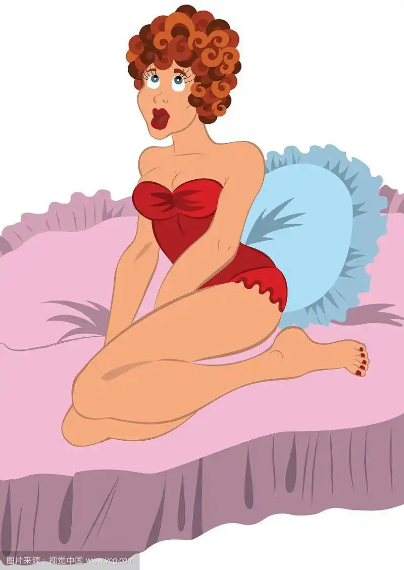 卡通女人坐在粉红色的床上