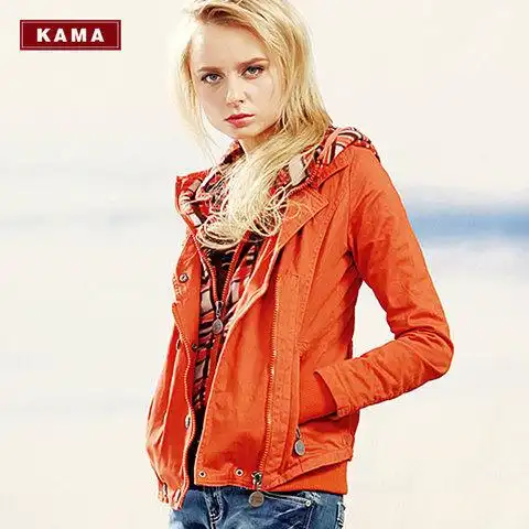 kama 卡玛 秋季女士双排扣拉链格子连帽青春时尚休闲外套 731276
