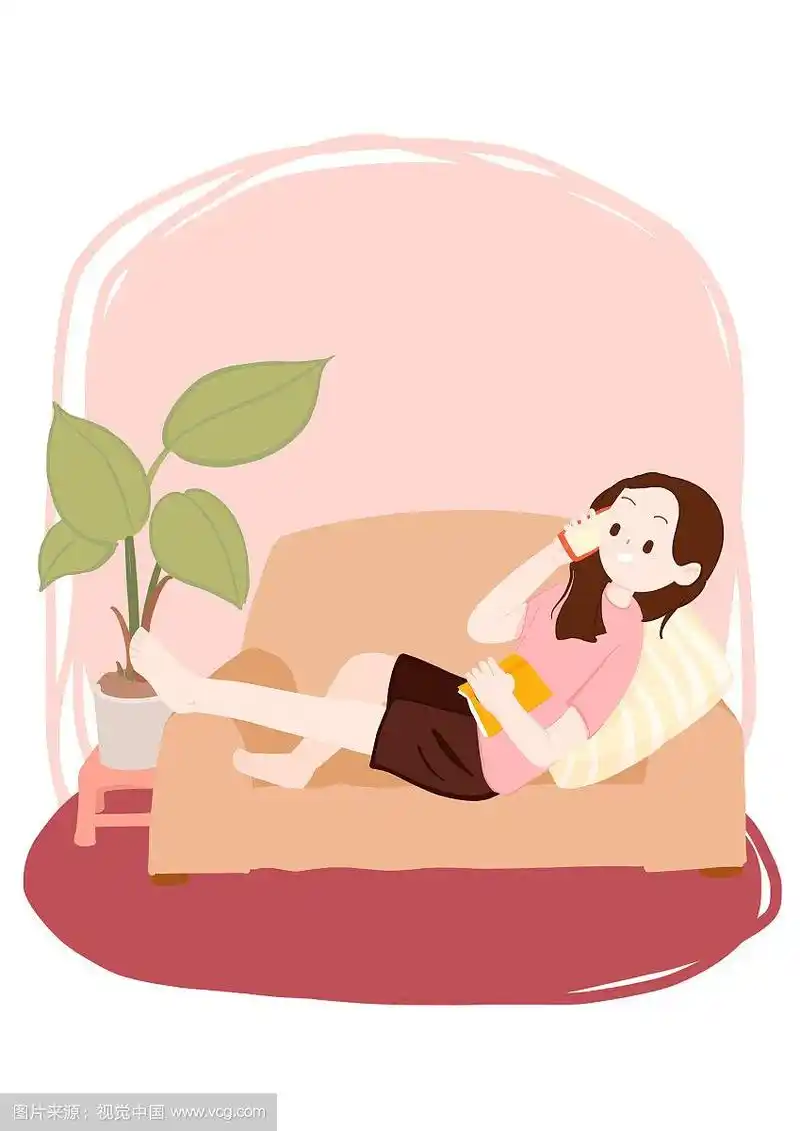 简约清新扁平插画女孩在沙发上休息看书打电话
