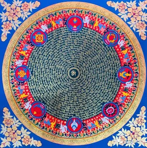 (六字真言咒轮,尺寸70x70厘米,布面设色,矿物颜料,24k黄金,rmb   1680