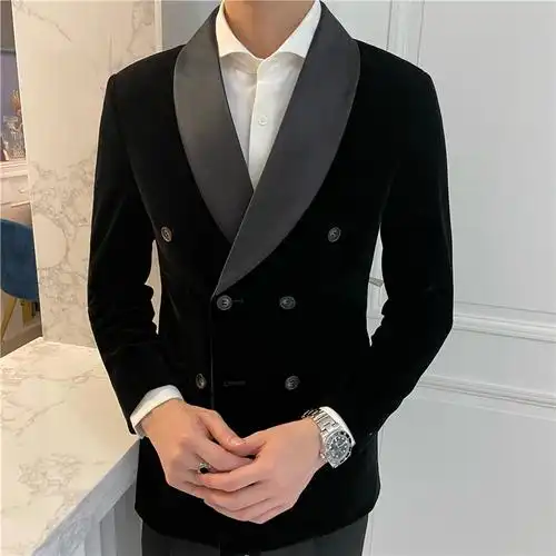 韩版主持人金丝绒礼服西装男修身英伦时尚宴会双排扣外套男西服