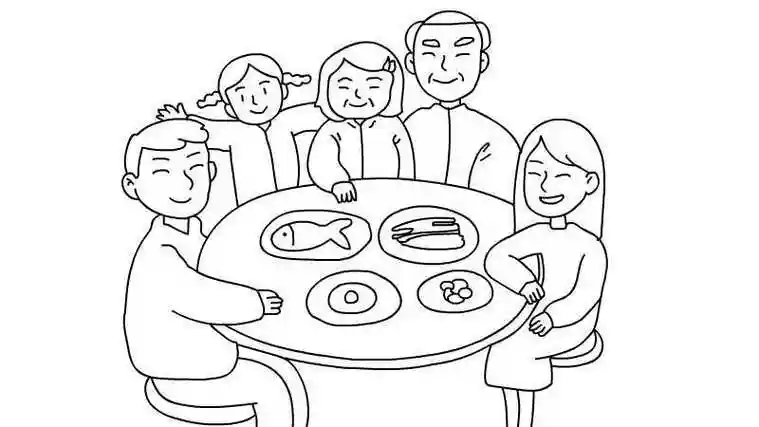 一家人在院子里吃饭的简笔画