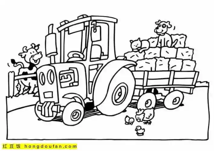子们最喜欢的农场中的拖拉机卡通涂色简笔画-红豆饭小学生简笔画大全