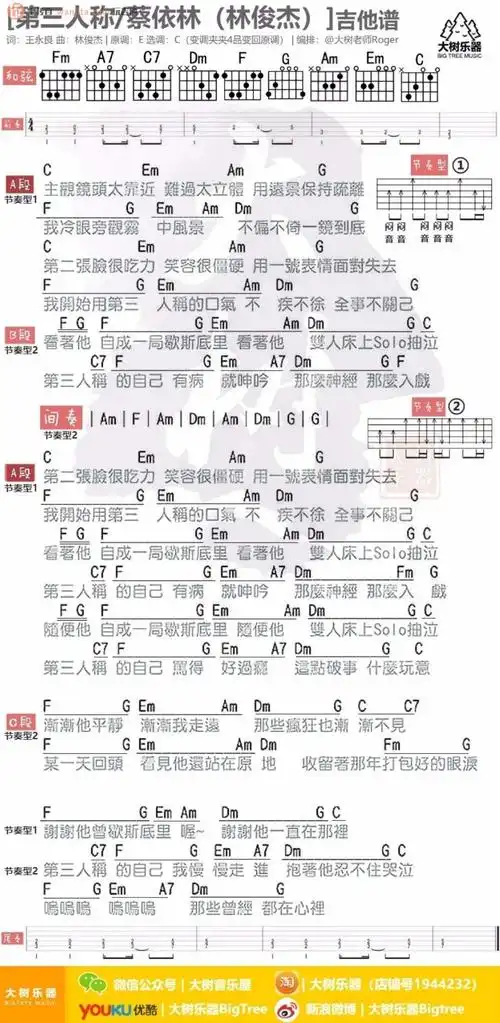 第三人称吉他谱蔡依林林俊杰c调弹唱和弦谱