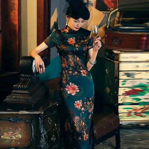 四小姐军阀太太网红旗袍复古长款高档真丝民国老上海短袖连衣裙