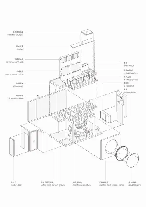 调整大小 茶室爆炸轴测图,tea house explosion axonometric mapping.