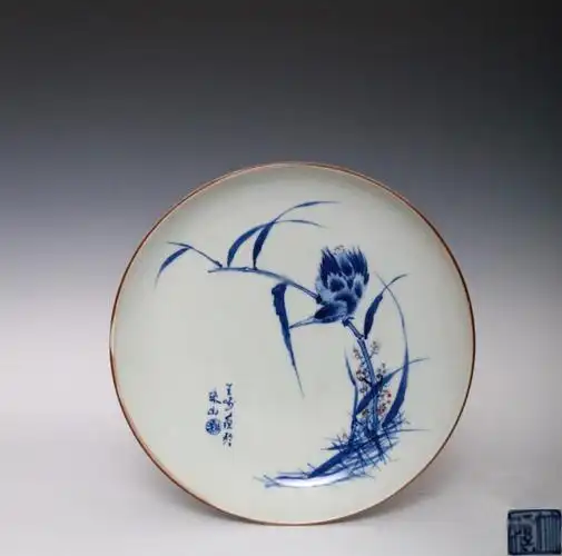 民国 王步款青花釉里红翠鸟纹盘