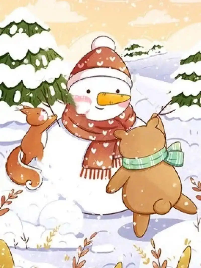 看图写话 小熊堆雪人 冬天的一天早晨,小熊看见外面下大雪了,于是他兴