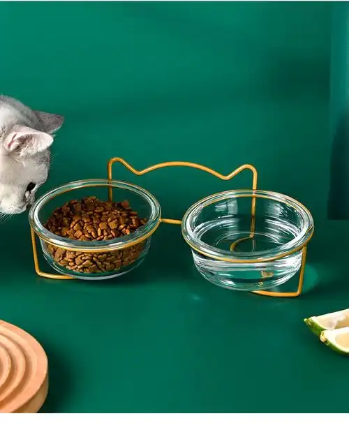 猫碗双碗斜口可爱玻璃猫食盆猫咪碗猫粮碗猫咪用品玻璃双碗墨黑支架