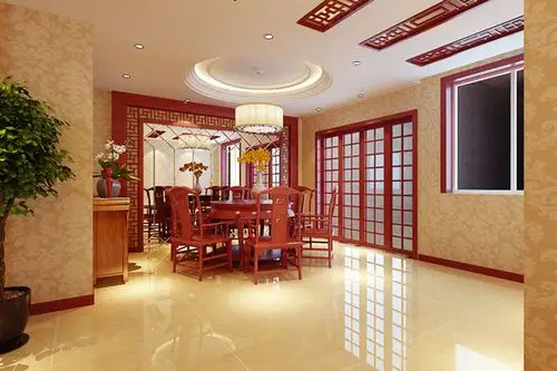 中式风格餐厅圆形吊顶装修效果图-中式风格餐边柜图片