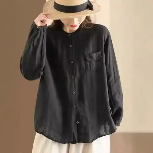 2024春季新款重工砂洗亚麻衬衫女休闲长袖开衫上衣气质麻料衬衣外