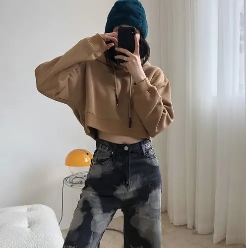 韩版短款宽松连帽套头卫衣女