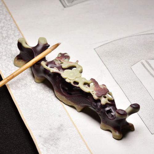 精品歙砚大师方荣手工雕刻原创作品笔搁精选天然紫袍玉带原石可搁