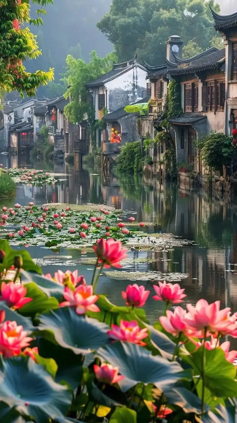 万花丛中江南小镇,如诗如画般的美景令人陶醉.粉墙黛瓦映衬着绿树红花
