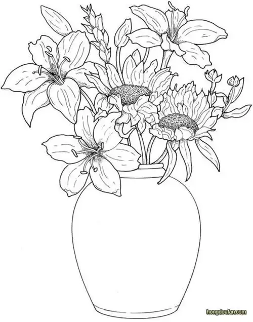圆形花瓶中的向日葵和百合 花朵填色图片大全-红豆饭小学生简笔画大全