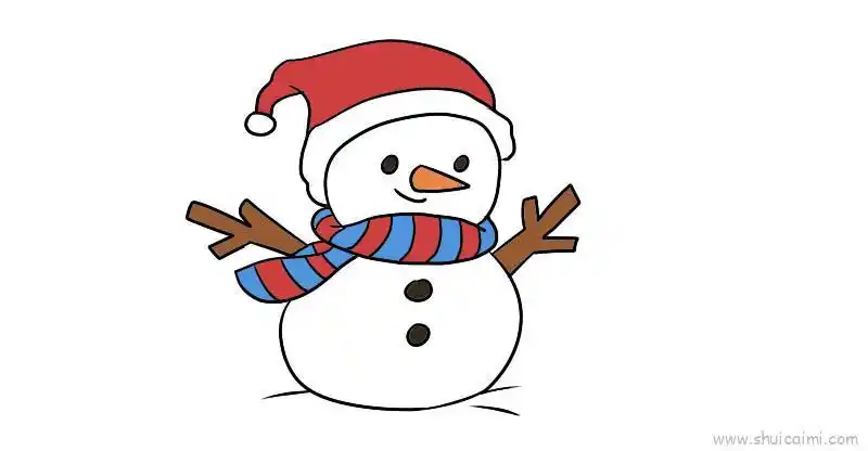 围巾;2,然后画雪人的身体和雪人的手;3,最后把画好的雪人涂上颜色就