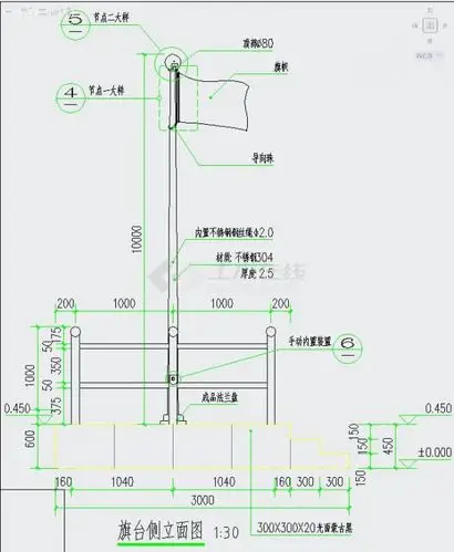 详细升旗台施工设计cad平立剖面布置详图
