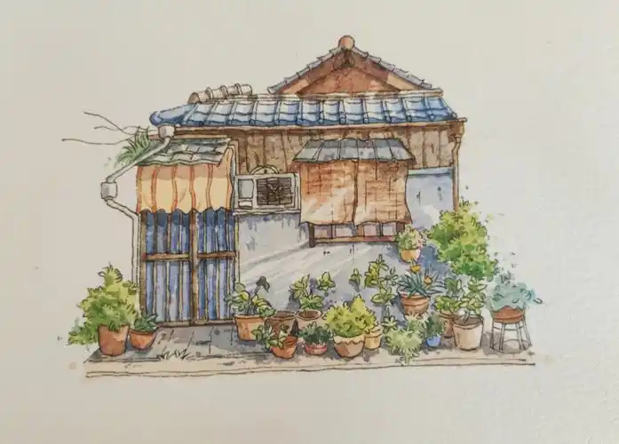 钢笔淡彩日式小屋临摹