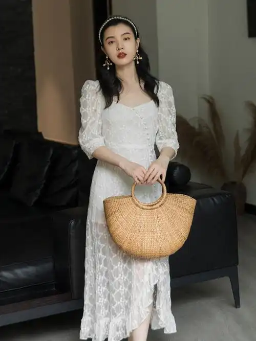 复古风设计感精致绣花雪纺高腰长裙连衣裙,女装连衣裙,maizi工作室