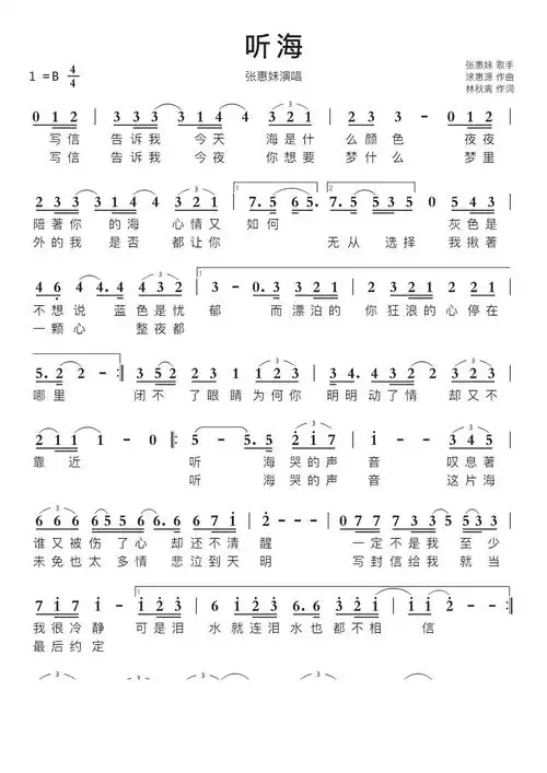 听海智能简谱张惠妹演唱