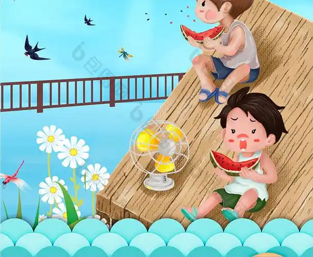 夏日中伏可爱儿童消暑吃西瓜乘凉插画图片