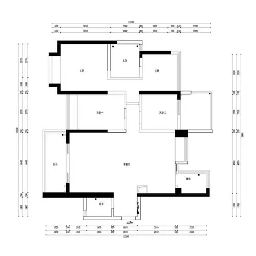 130平四居室户型图