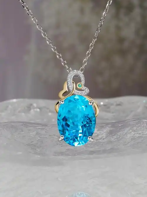 新款天然托帕石吊坠女s925纯银镶嵌海蓝宝石圣玛利亚色18k金项链