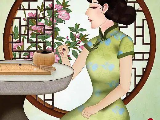 古风唯美下棋美人古窗春花春天意境